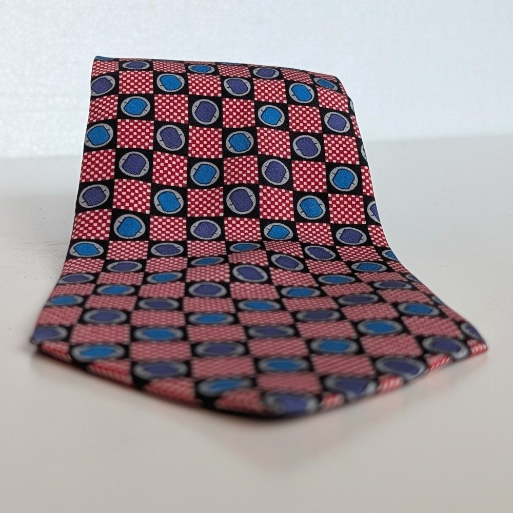 Oleg Cassini Mens Silk Tie Red Blue Geometric Checkered Handmade in Italy 57 x 4 - Picture 3 of 6